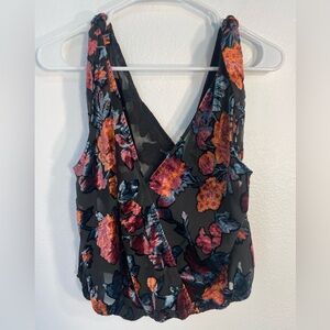 Free People Black and Orange velvet burnout Floral Blouse, size M